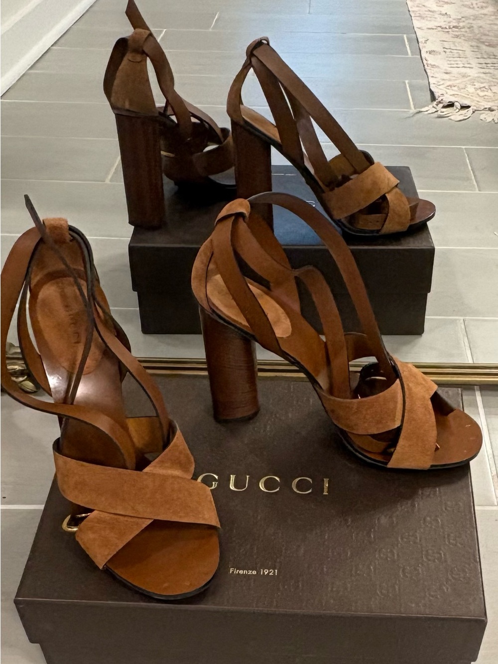 Gucci Brown Suede Crisscross Block Heel Sandals